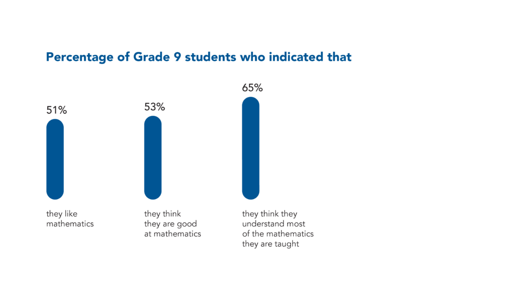 51% of Grade 9 students indicated that they like mathematics, and 53% that they think they are good at mathematics. 65% of Grade 9 students indicated that they think they understand most of the mathematics they are taught.