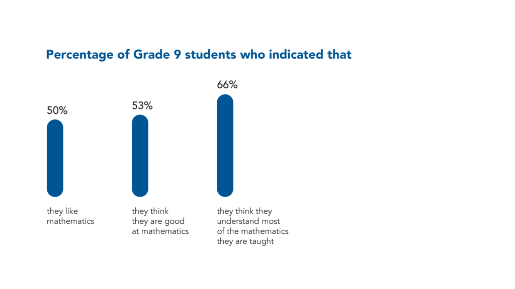 50% of Grade 9 students indicated that they like mathematics, and 53% that they think they are good at mathematics. 66% of Grade 9 students indicated that they think they understand most of the mathematics they are taught.
