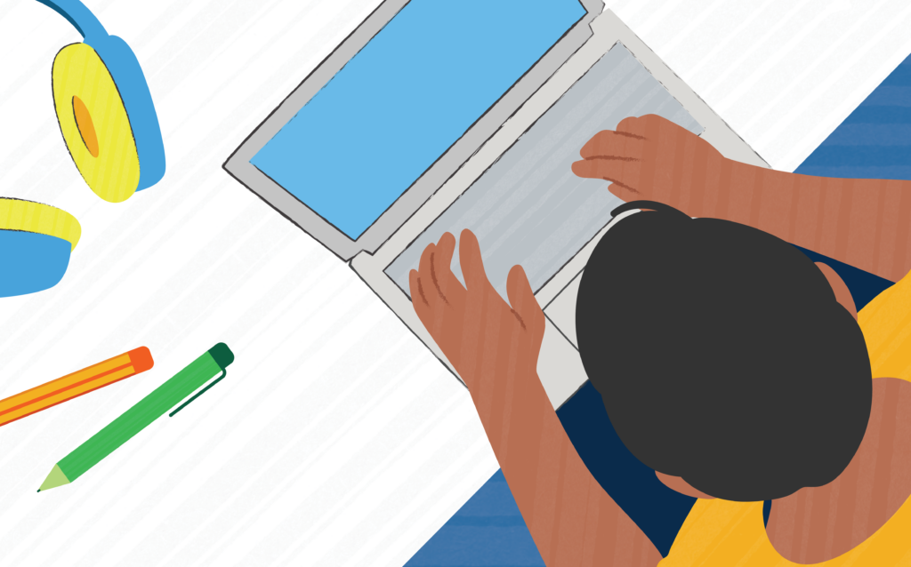 Illustration of an adult sitting at a desk and working on a laptop, with a small potted plant beside the laptop.