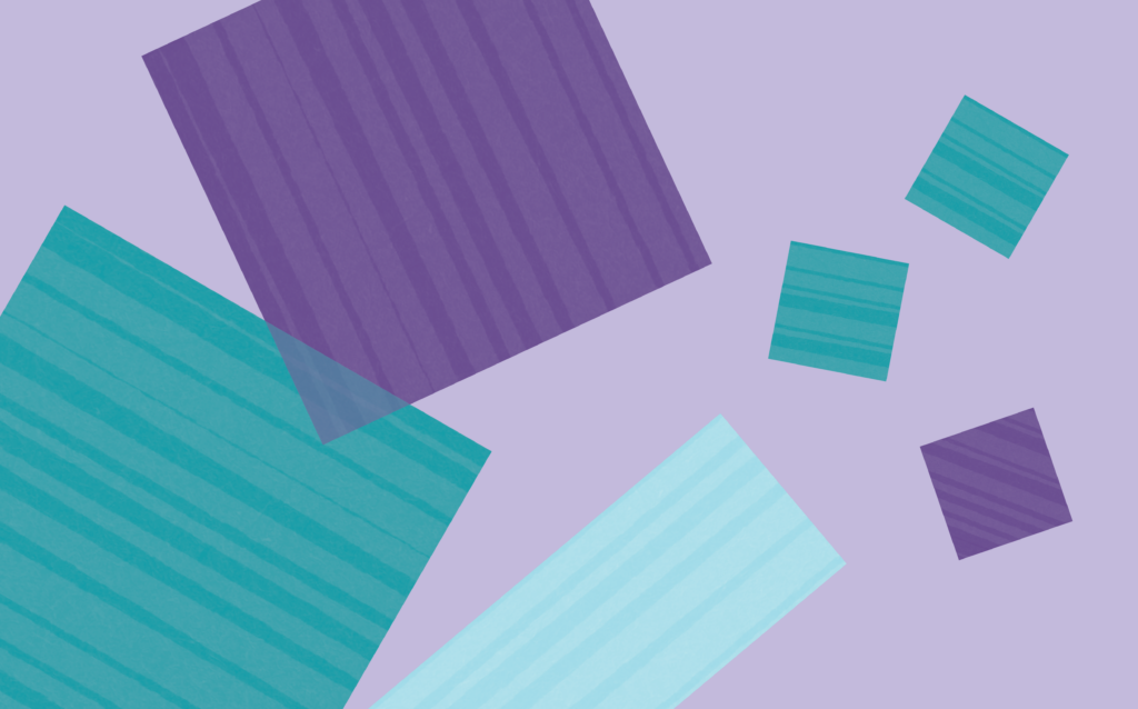 Abstract geometric illustration featuring overlapping colourful rectangles and squares.