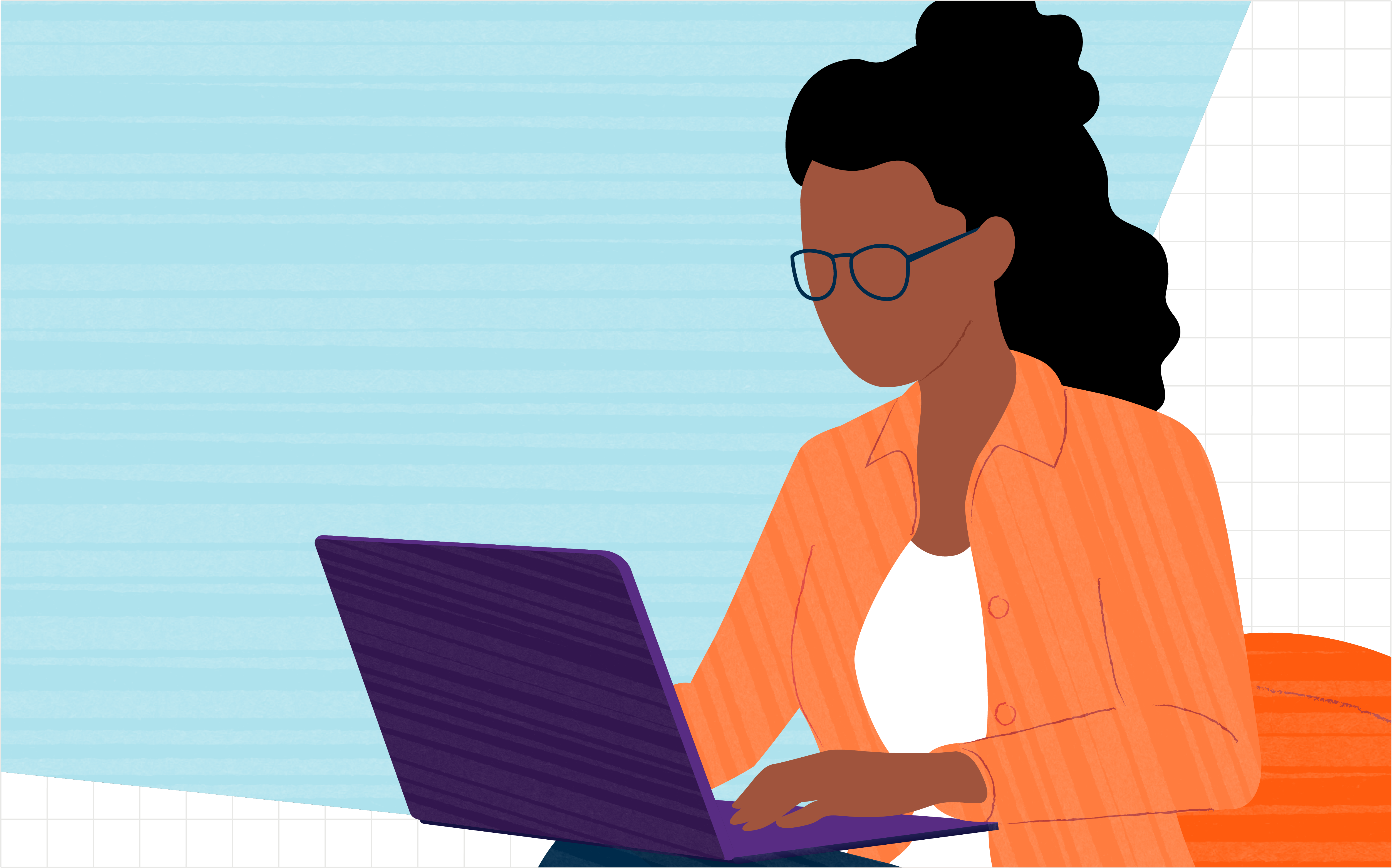 Illustration of a principal sitting at a table and using a laptop computer.