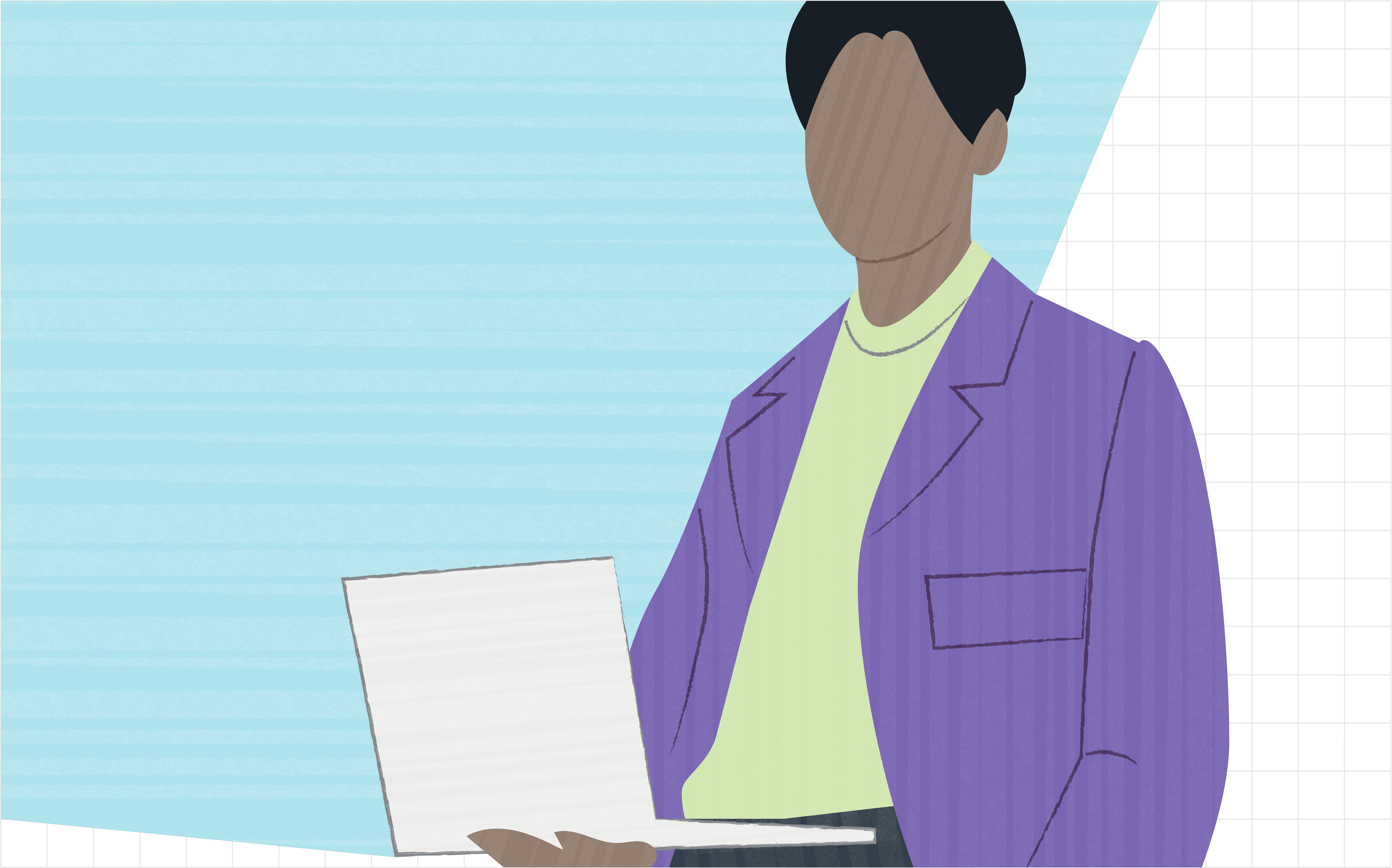 Illustration of a teacher holding a laptop computer.