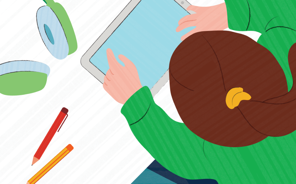 Illustration d’un élève utilisant une tablette, entouré d’un crayon et d’écouteurs.