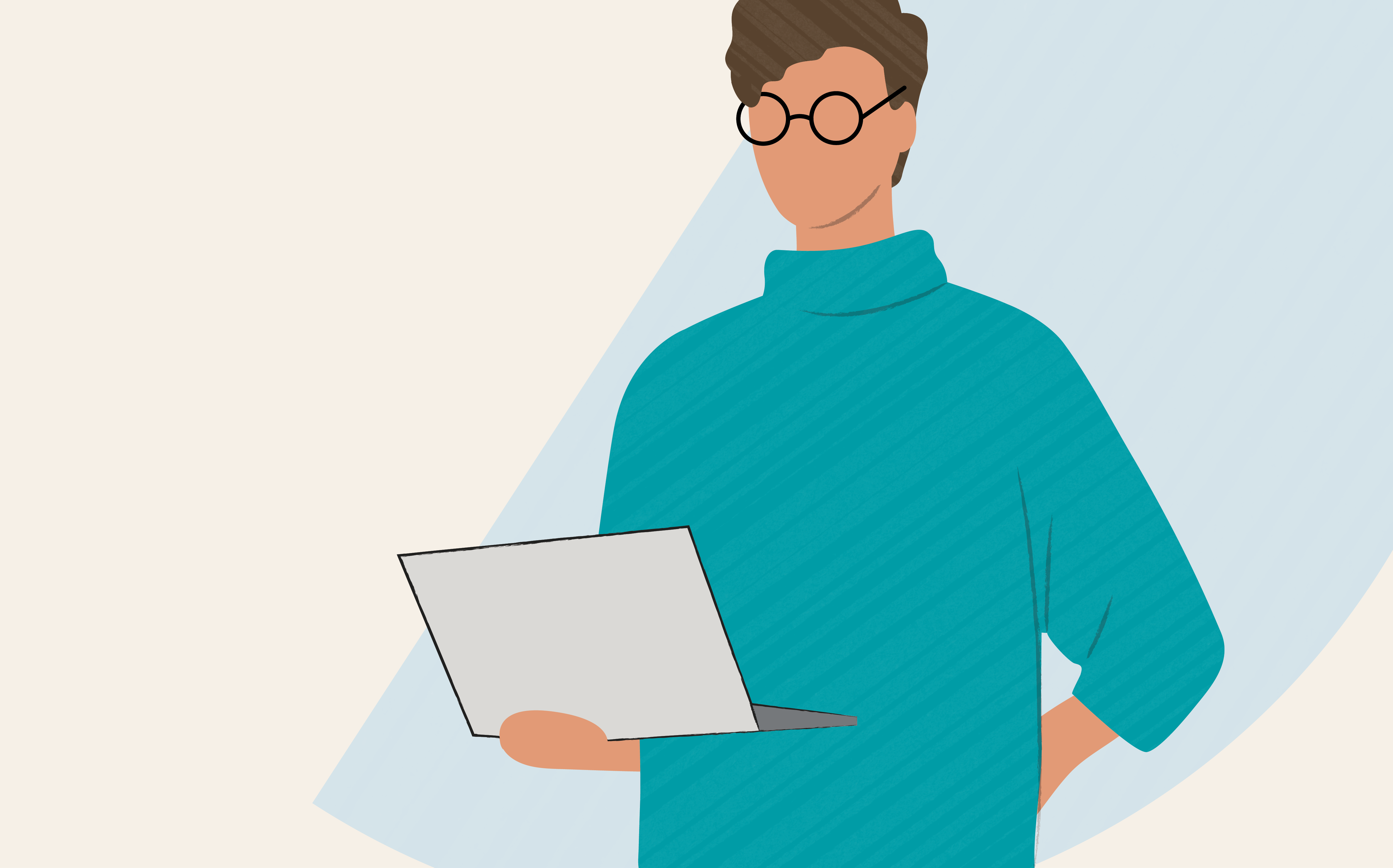 Illustration of an adult holding a laptop in one hand.