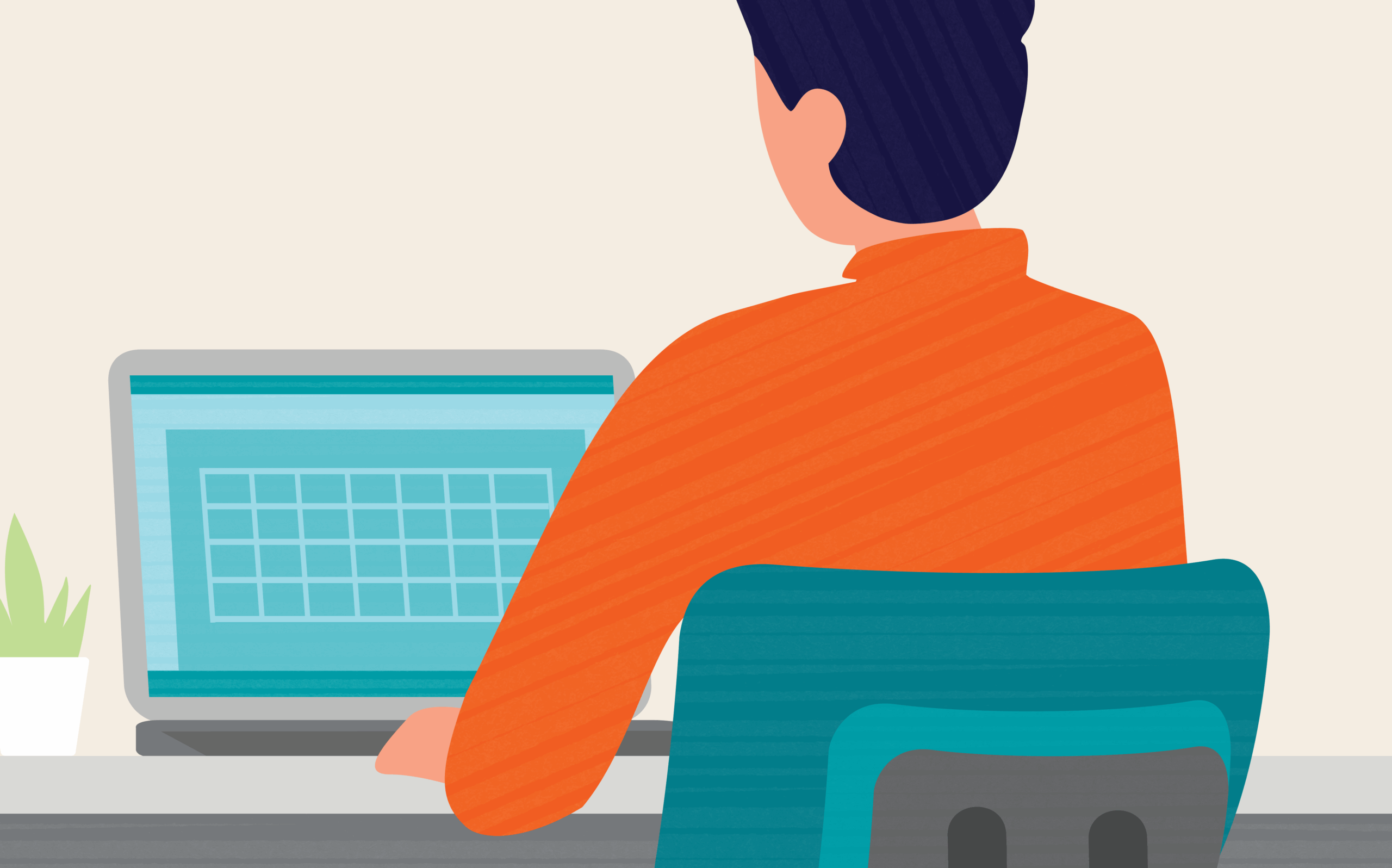 Illustration d’une personne adulte assise à un bureau et travaillant sur un ordinateur portable, avec une petite plante en pot à côté de l’ordinateur.