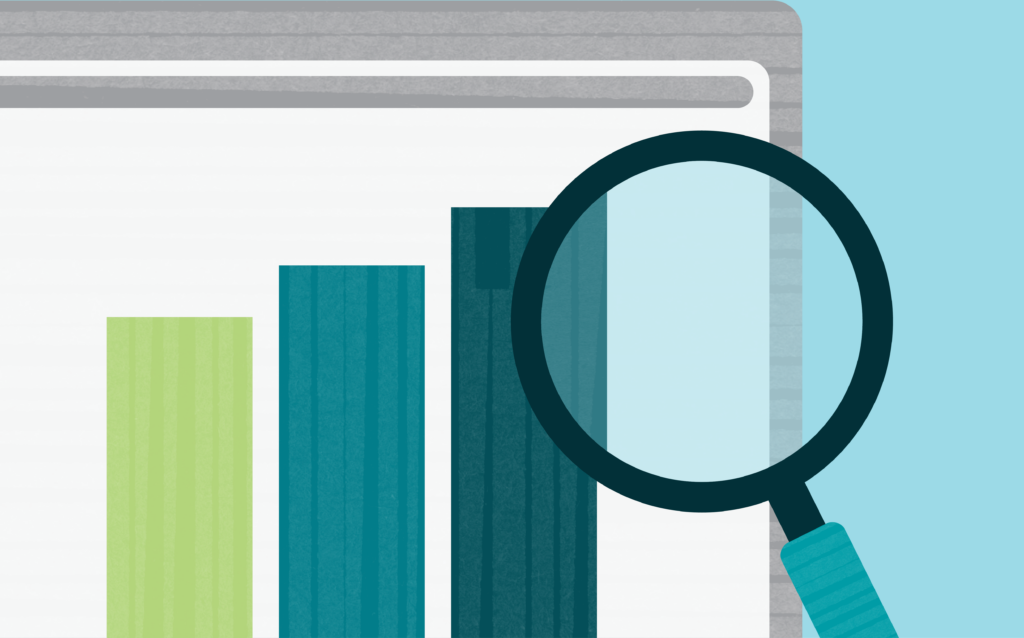 Illustration of a bar graph in green and teal hues with a magnifying glass focused on one of the bars.