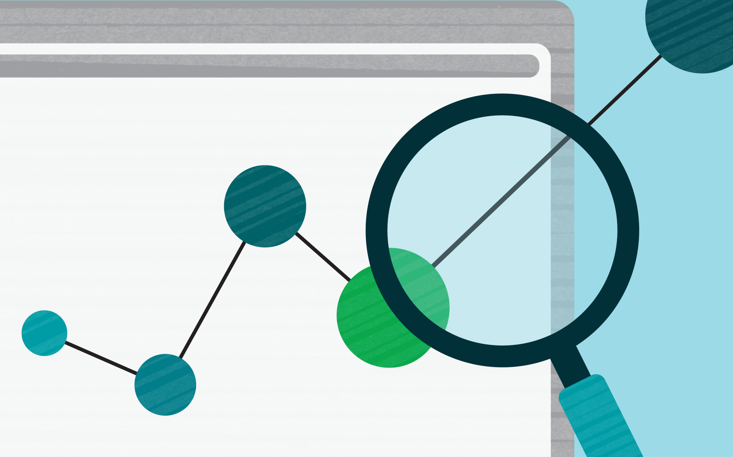 Illustration in green and teal hues of a line graph extending beyond the frame, with a magnifying glass over a data point.