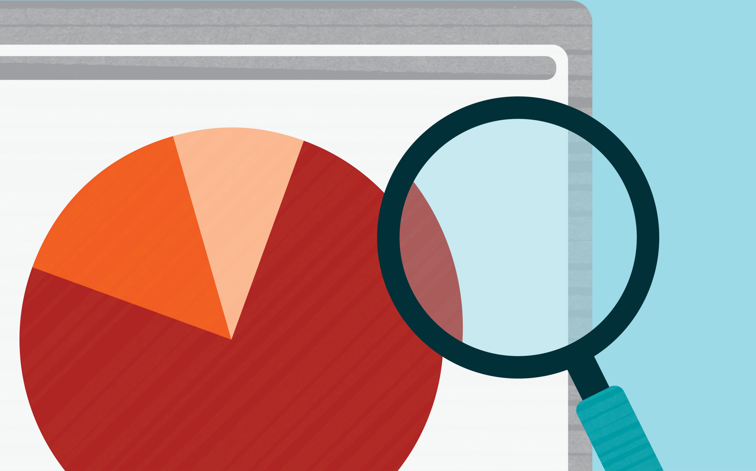 Illustration of a pie chart in orange and ochre hues with a magnifying glass focused on part of the chart.