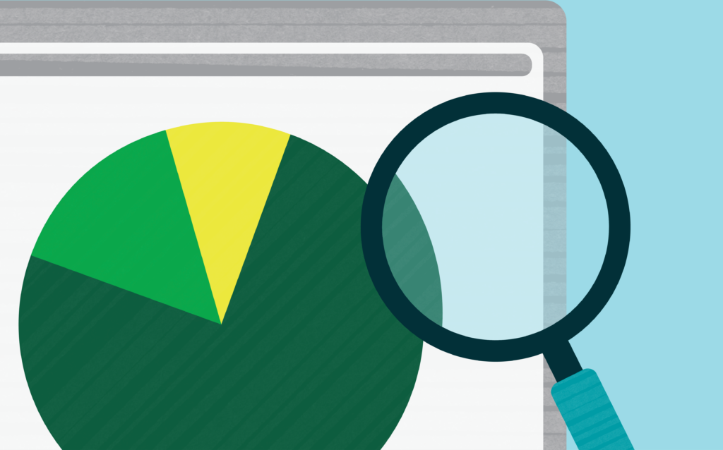 Illustration of a pie chart in green and yellow hues, with a magnifying glass focused on part of the chart.