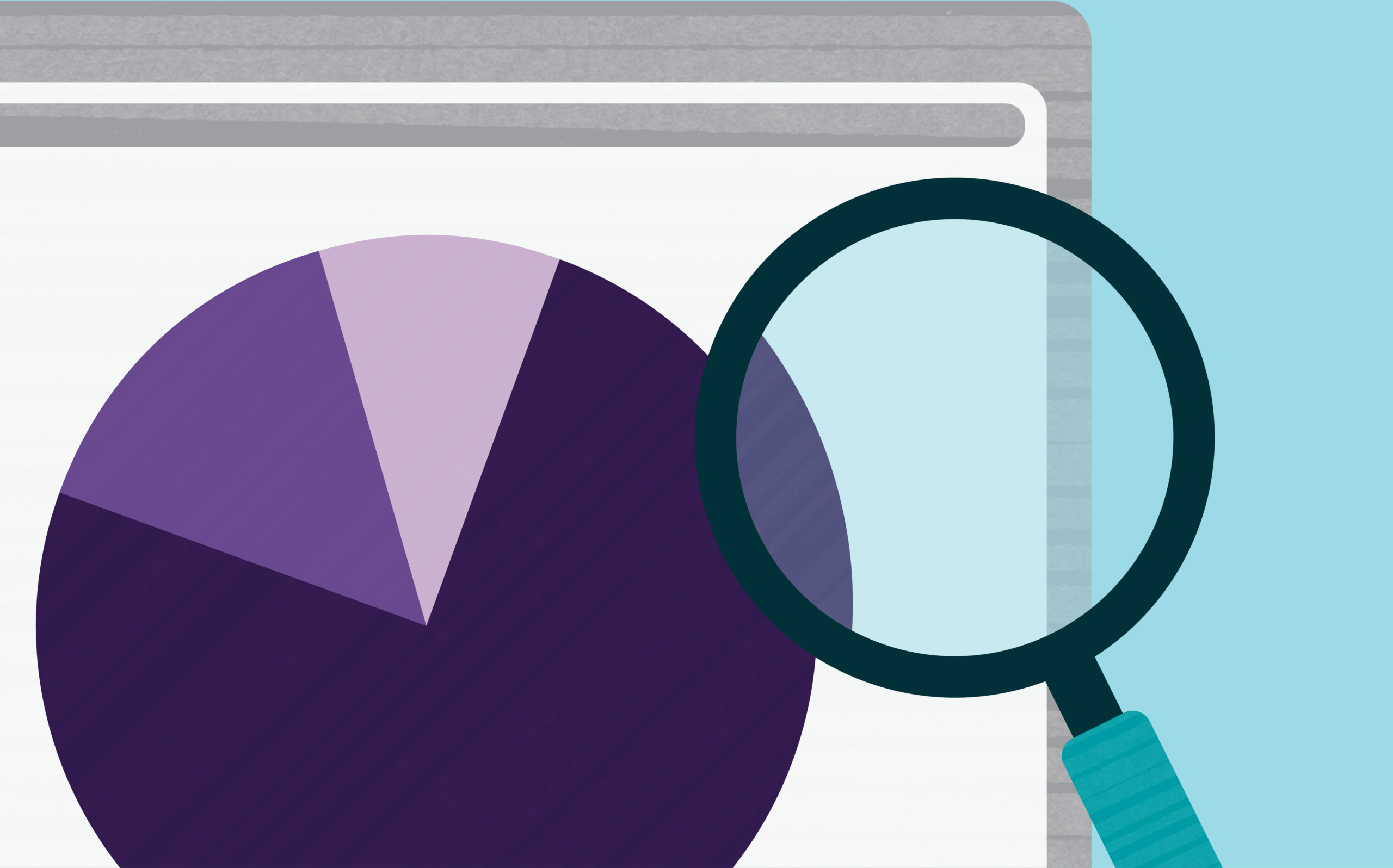 Illustration of a pie chart in purple hues with a magnifying glass focused on part of the chart.