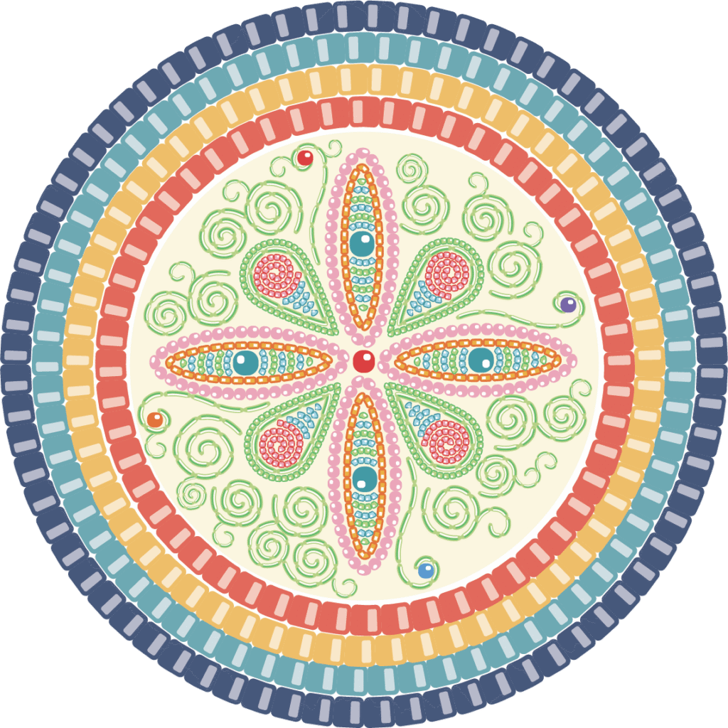 Illustration of a medallion consisting of multi-coloured beadwork borders surrounding a blooming flower at its centre. Additional spiral-shaped designs accompany the eight-petal flower. The medallion symbolizes spring moons and is inspired by the teachings of the Anishinaabe lunar calendar. Rooted in First Nations beadwork traditions and treaty belts, this artwork visually illustrates EQAO’s land acknowledgement.