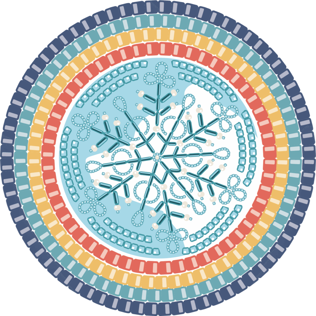 Illustration of a medallion consisting of multi-coloured beadwork borders surrounding a snowflake at its centre. The medallion symbolizes four significant moons of winter and is inspired by the teachings of the Anishinaabe lunar calendar. Rooted in First Nations beadwork traditions and treaty belts, this artwork visually illustrates EQAO’s land acknowledgement. 