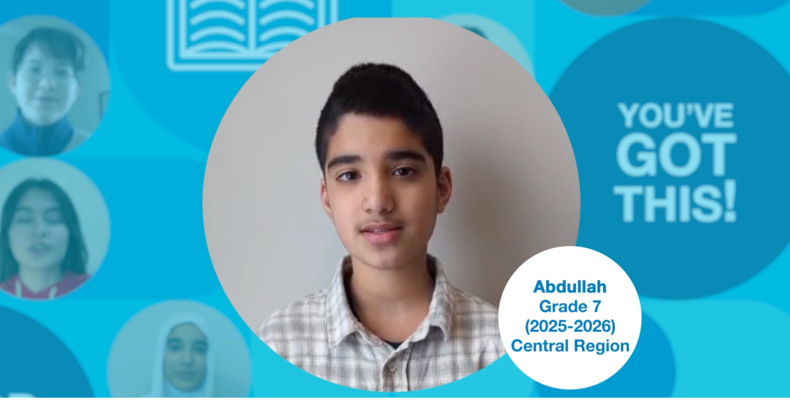 Grade 7 student with short dark hair, wearing a grey plaid shirt, standing upright and facing the camera. Photo centred on a blue graphic background.