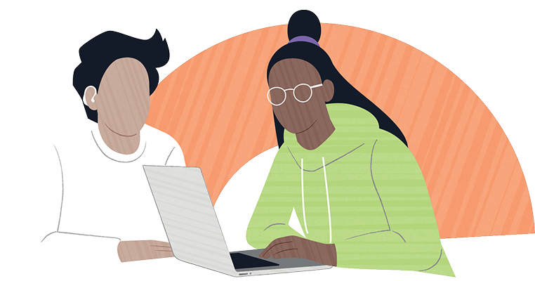 Illustration of two people, one with a white sweater and a hearing aid, the other with glasses and a green sweater, with a laptop.