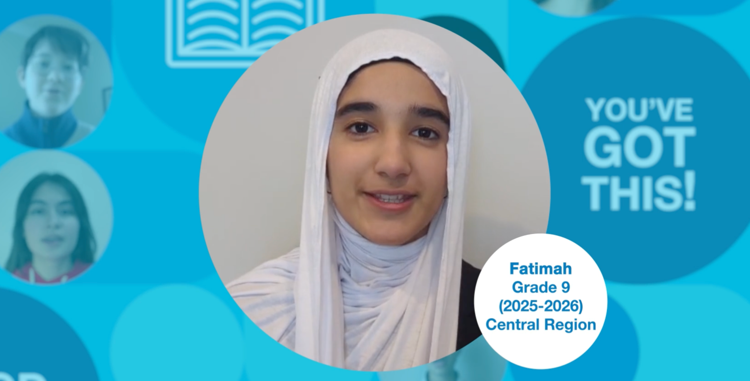 Grade 9 student wearing a light grey hijab and a black top, standing upright and facing the camera. Photo centred on a blue graphic background.