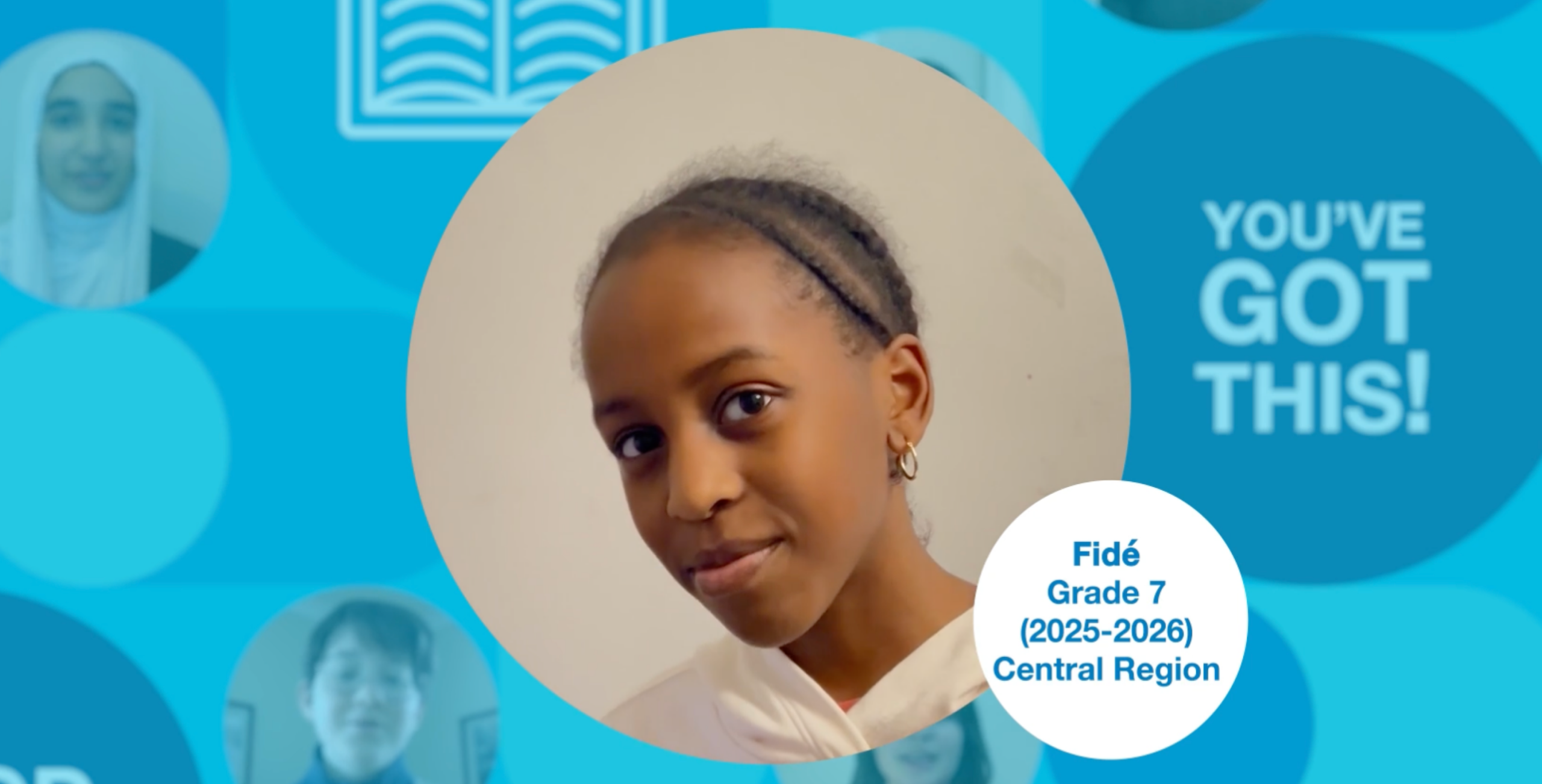 Grade 7 student with black hair in braids, wearing a light top, standing upright and facing the camera. Photo centred on a blue graphic background.