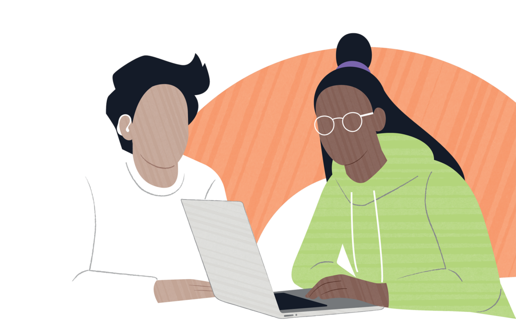 Illustration of two people, one with a white sweater and a hearing aid, the other with glasses and a green sweater, with a laptop.