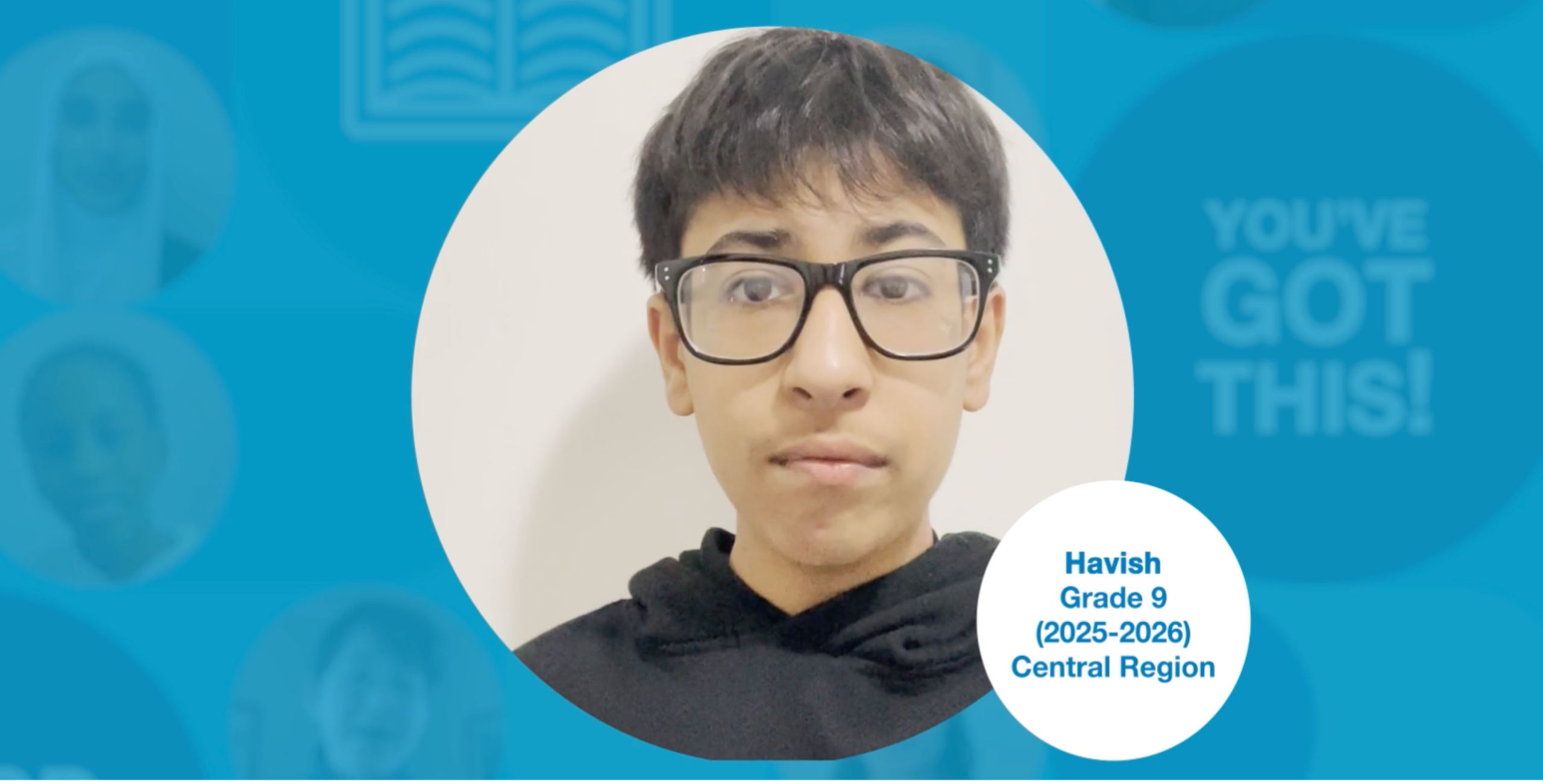 Grade 9 student with short dark hair, wearing glasses and a black hoodie, upright and facing the camera. Photo centred on a blue graphic background.