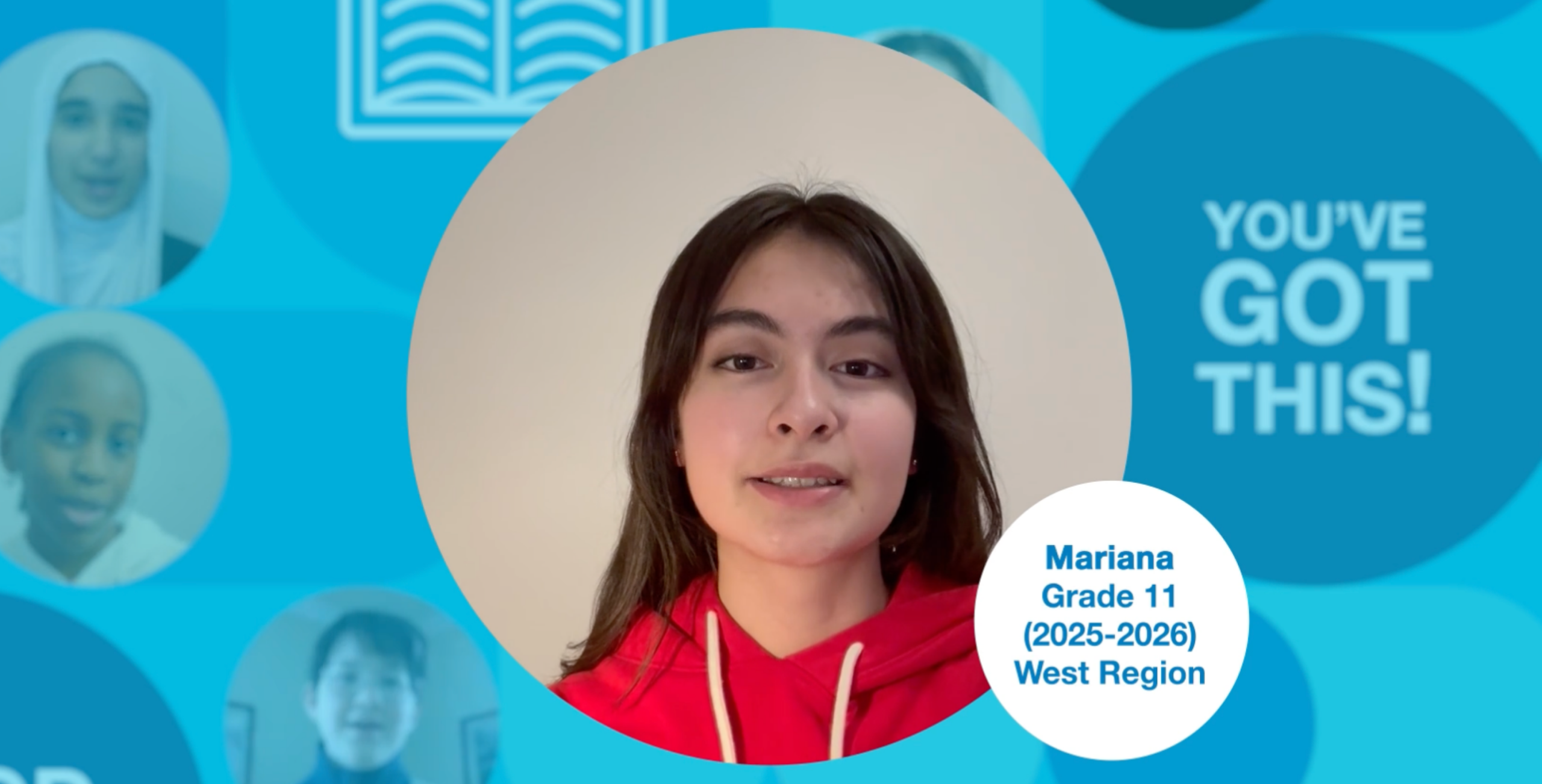 Grade 11 student with long brown hair, wearing a red hoodie, standing upright and facing the camera. Photo centred on a blue graphic background.