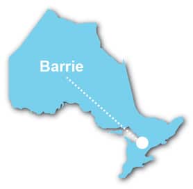 Map of Ontario displaying the City of Barrie