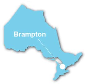 Map of Ontario displaying the town of Brampton
