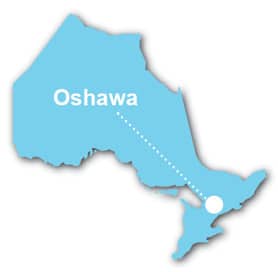 Map of Ontario displaying the City of Oshawa