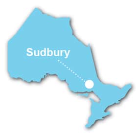 Map of Ontario displaying the City of Sudbury